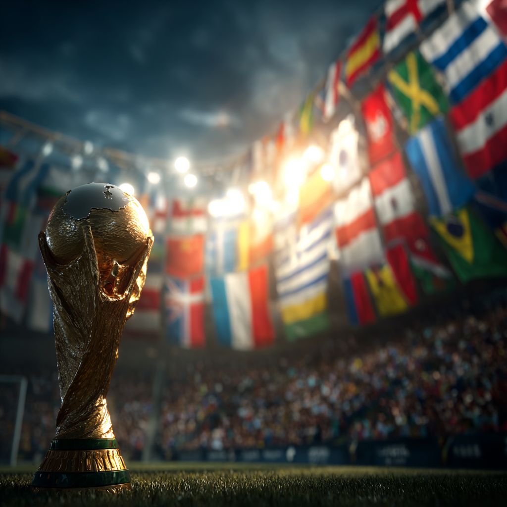 Troféu do Mundial 2026 num estádio com as bandeiras das seleções participantes