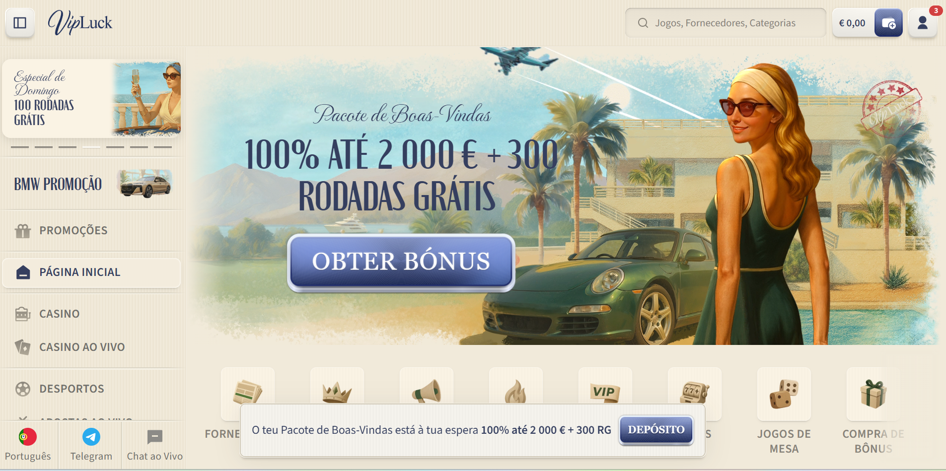 VipLuck Casino — 100% até €2.000 + 300 rodadas grátis