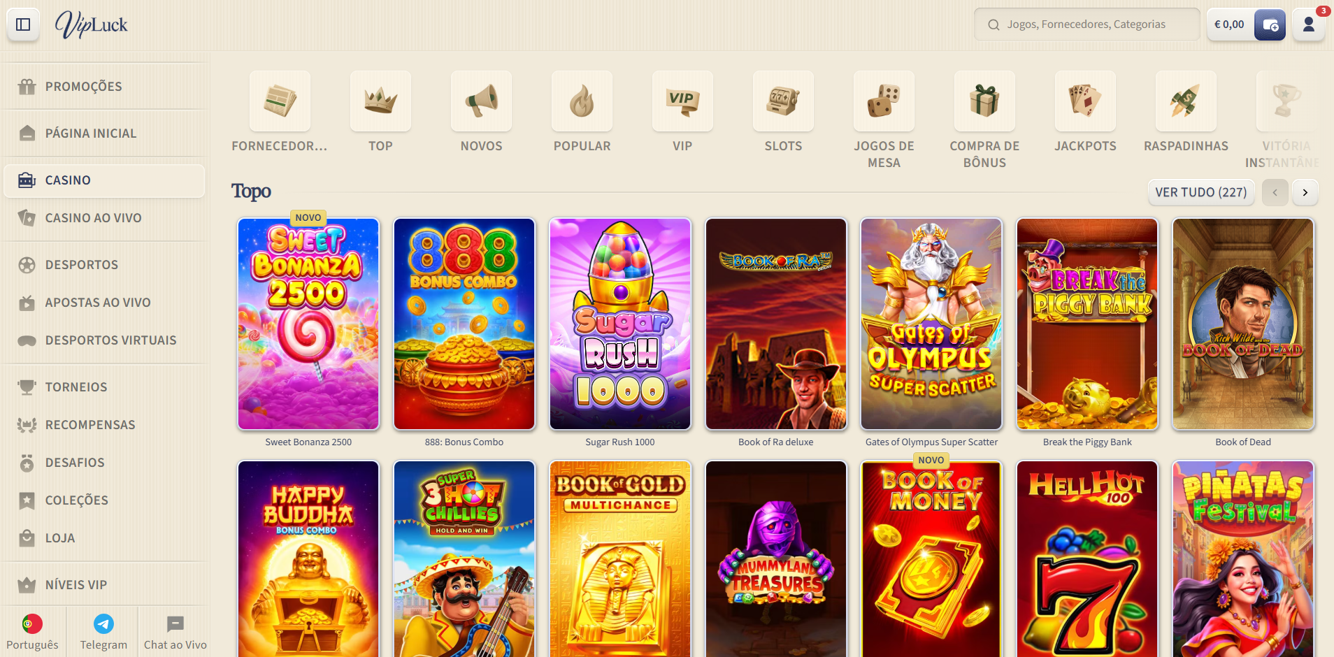 Lobby de slots do VipLuck